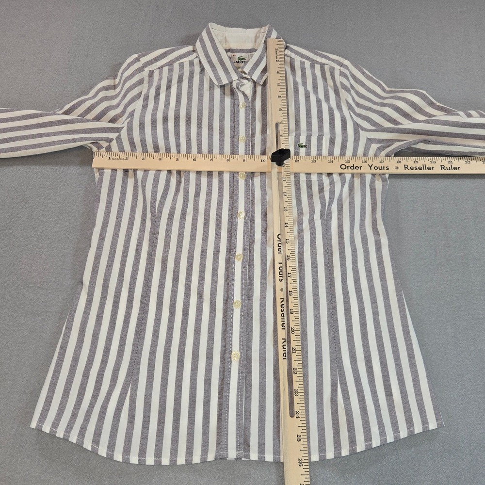 Lacoste Button Down Shirt Womens 40 Grey White Striped Long Sleeve Logo France - Picture 6 of 6